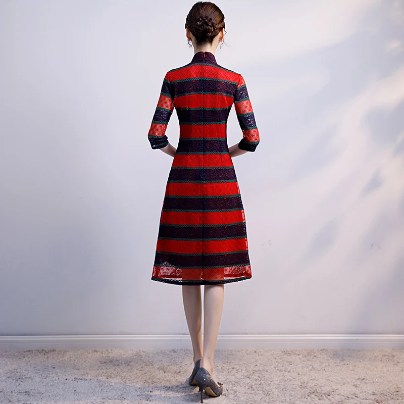 Модные аозай по колено Cheongsam китайский стиль воротник стойка платье для женщин летние кружево Qipao Тонкий платья для вечеринок Vestido