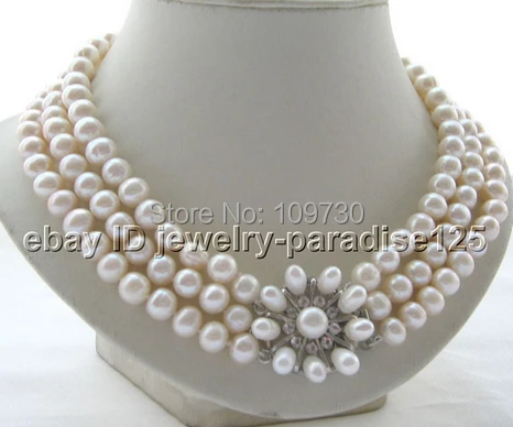 

Jewelry 002701 3row 10mm natural white round freshwater pearl necklace