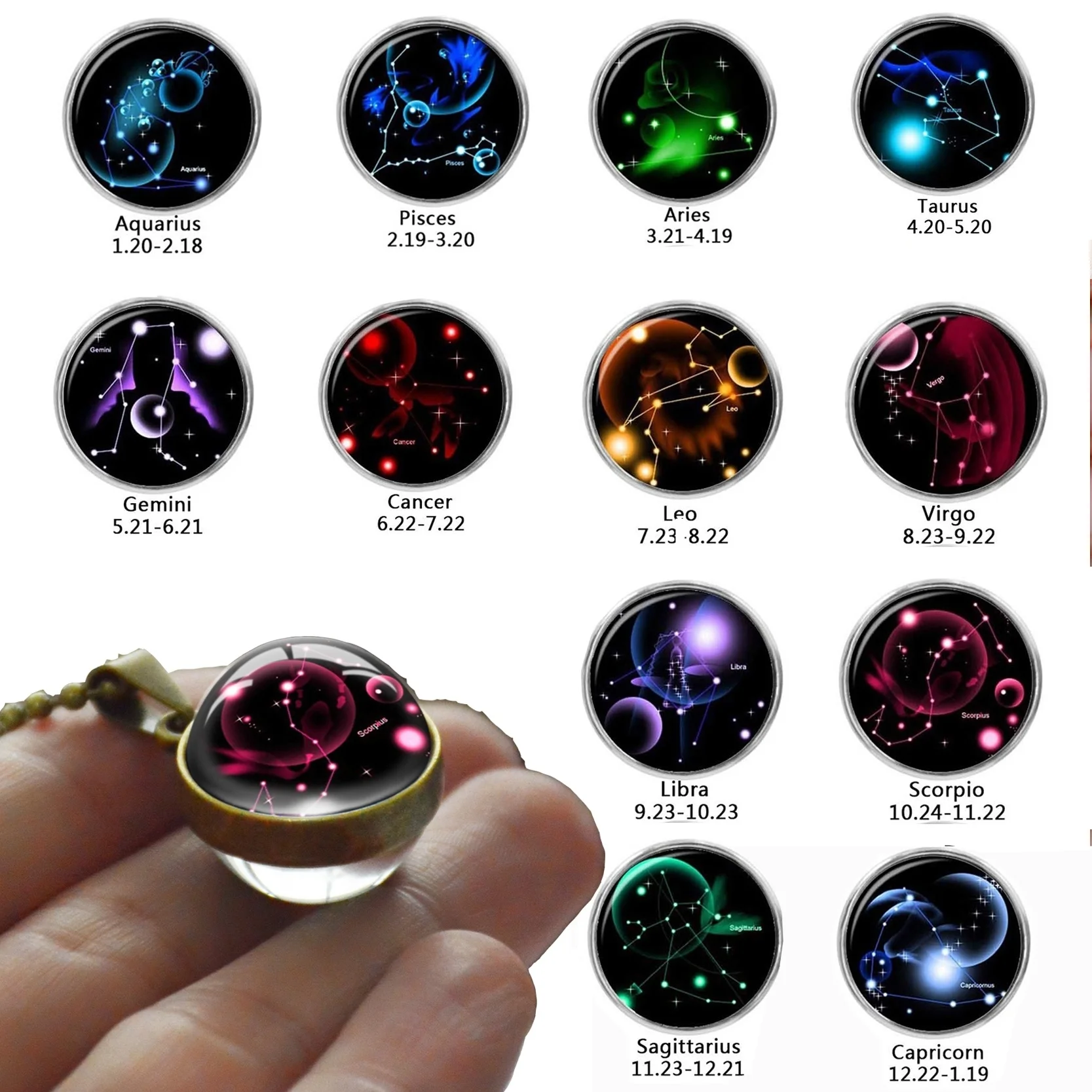 

New Fashion 12 Constellation Personality Glass Cabochon Double Sided Pendant Necklace Fashion Jewelry Best Gift For Men Women