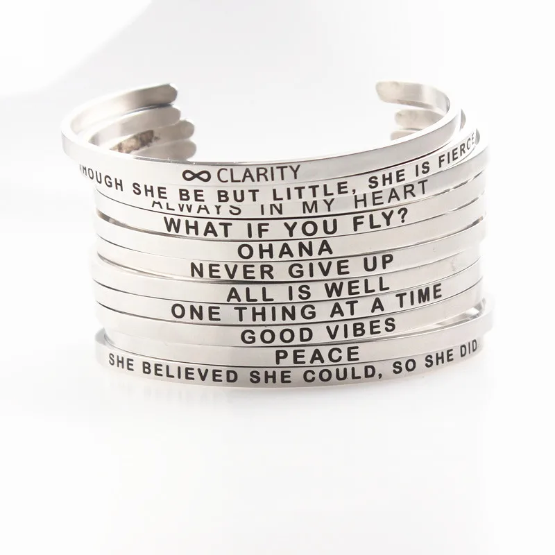 

2018 Silve Color Bracelet Bangle Stainless Steel Bar Engraved Positive Inspirational Quote Cuff Mantra Bracelet Bangle For Women