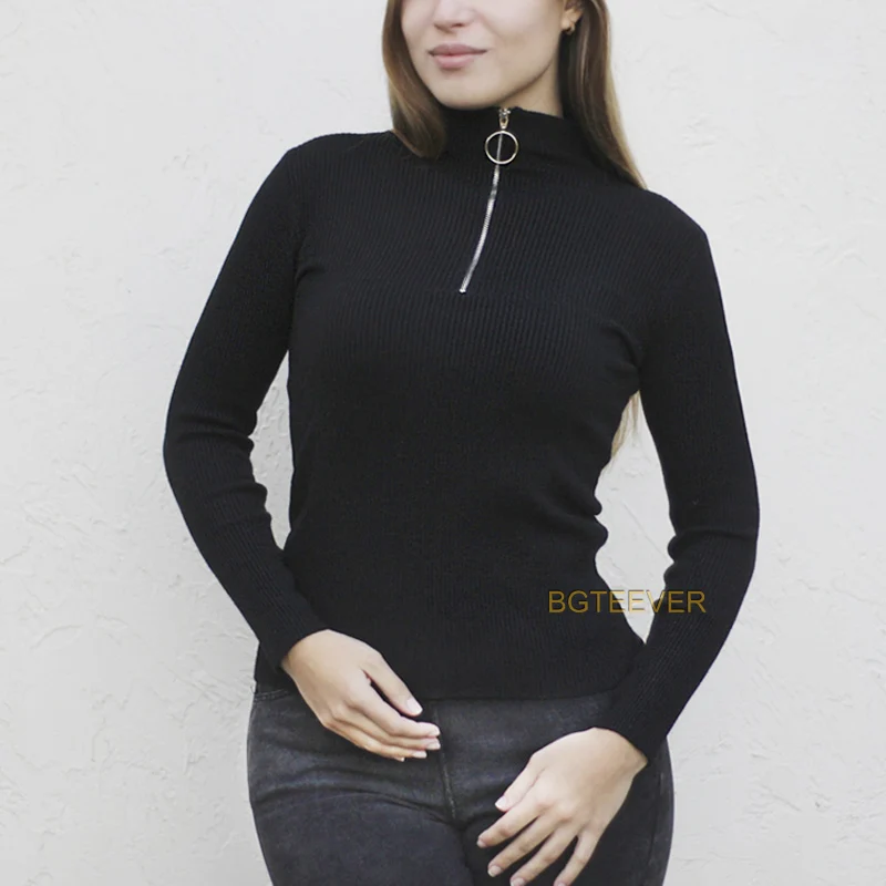 Casual Zipper Sweater Women Turtleneck Elastic Knitted Long Sleeve Black Pullovers Spring Female Jumper Soft Plus Size Feminino Casual Zipper Sweater Women Turtleneck Elastic Knitted Long Sleeve Black Pullovers Spring Female Jumper Soft Plus Size Feminino