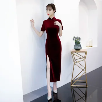 

Sexy Long Velour Cheongsam 2018 Spring Traditional Chinese style Dress Womens Mandarin Collar Qipao Slim Party Dresses Vestido