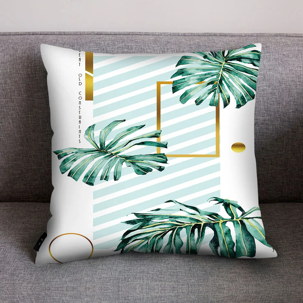 

45cm*45cm Plants Green Leaves Pillow Covers Hibiscus Flower Pillow Cover Decorative Beige Linen Pillow Case K5