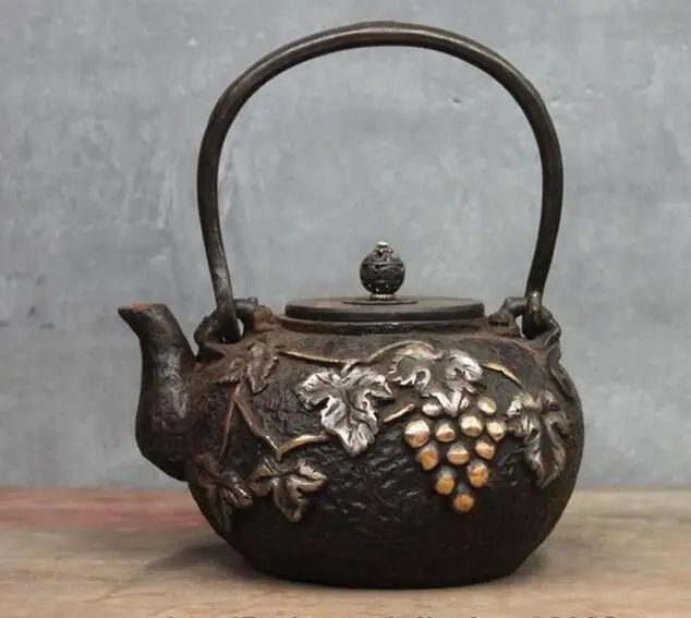 

Archaic Japan Iron Silver Gilt Grape Grapes Wild beast Flagon Kettle Tea Pot