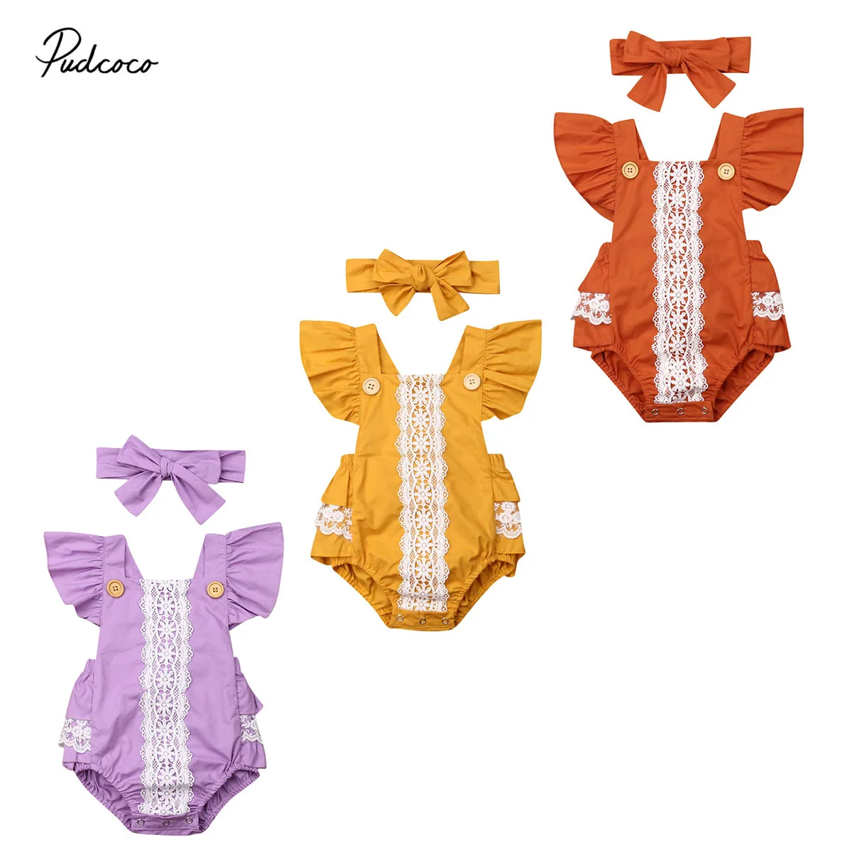 

2019 Brand Toddler Kid Baby Girl Summer Lace Jumpsuit Headband Bohemian Fly Sleeve Bow Back Bodysuit Princess One-Pieces Clothes