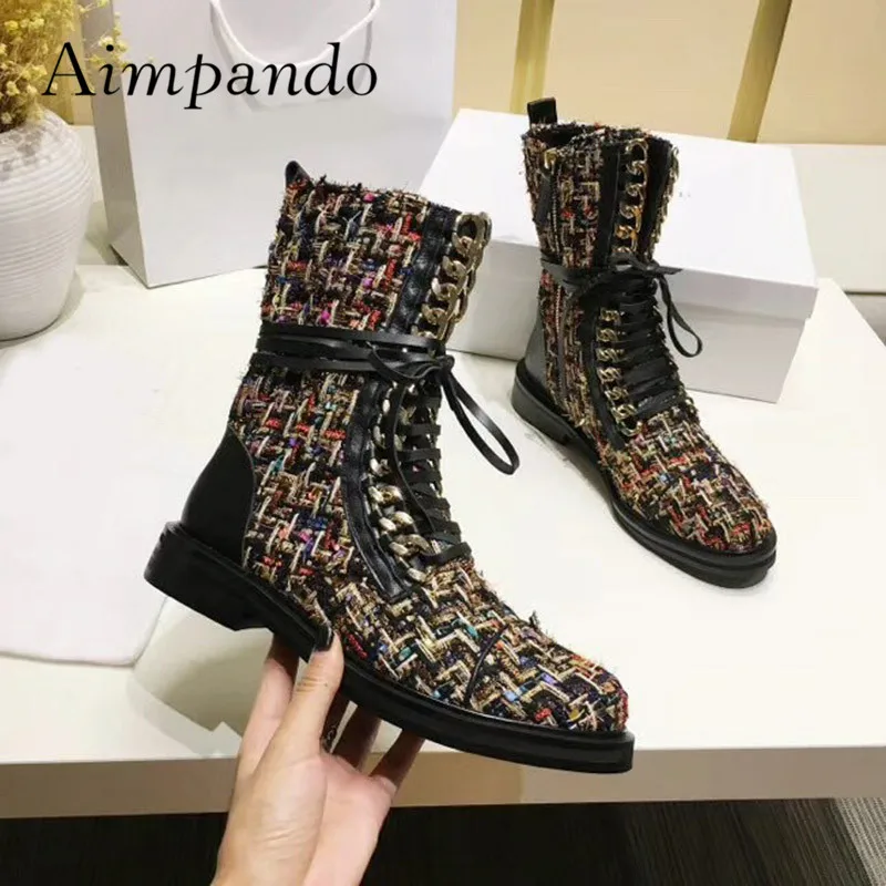 

2019 Woollen Fabric Ankle Boots Women Round Toe Mixed Color Chain Martin Boots Woman Botas