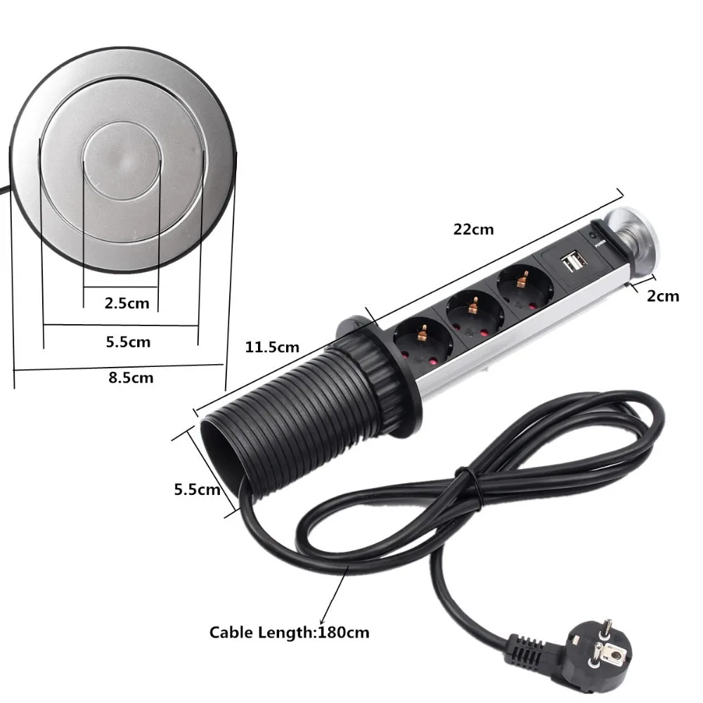 220v 16a Pull Pop Up Electrical 3 Plug Socket 2 Usb Kitchen Table