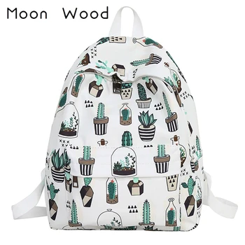 

Moon Wood Korean Style Women Backpacks 2019 Graffiti Cactus Printing Backpack School Students Notebook Bag School Bags For Girls