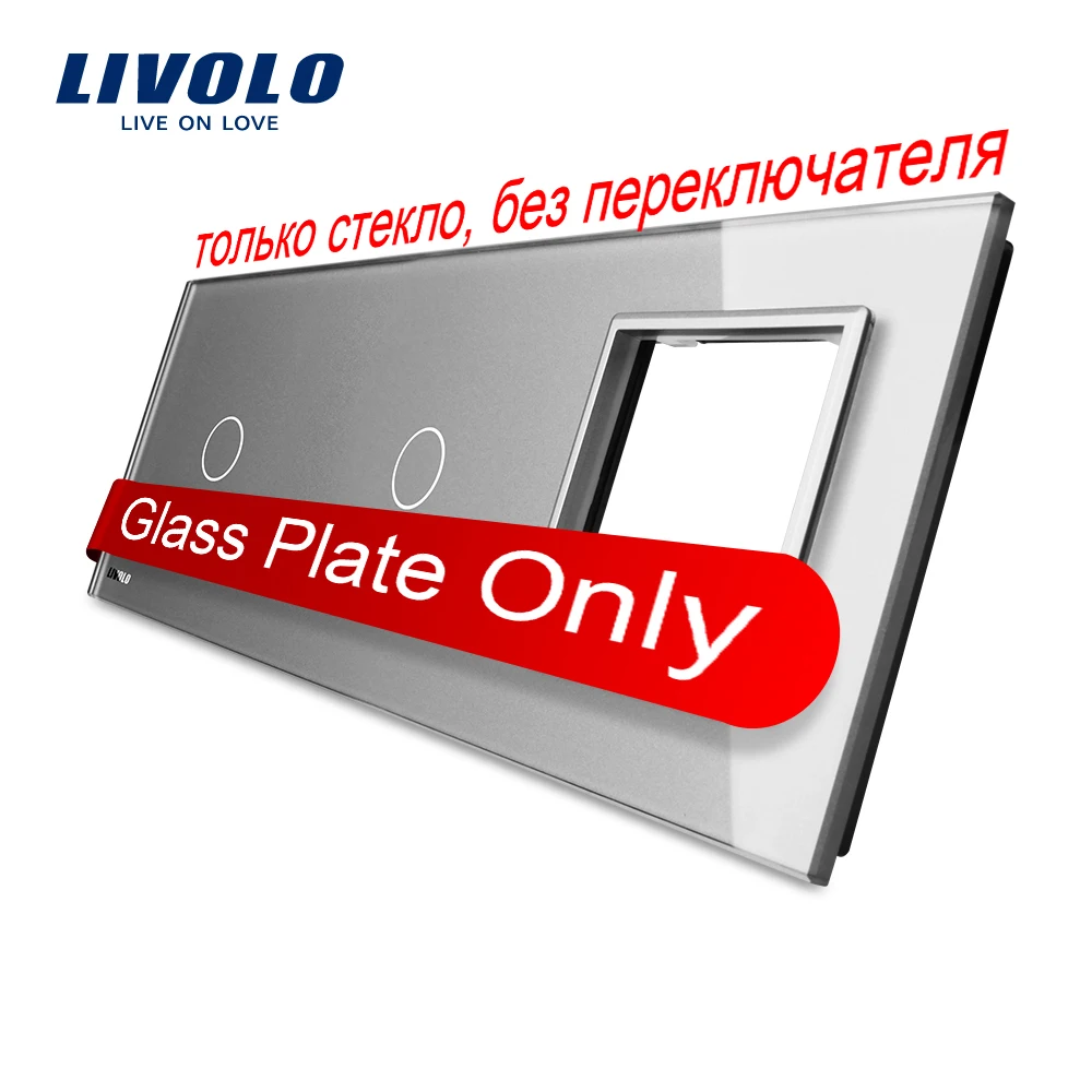 Free Shipping Livolo Grey Pearl Crystal Glass 223mm 80mm EU standard 2Gang 1 Frame Glass Panel