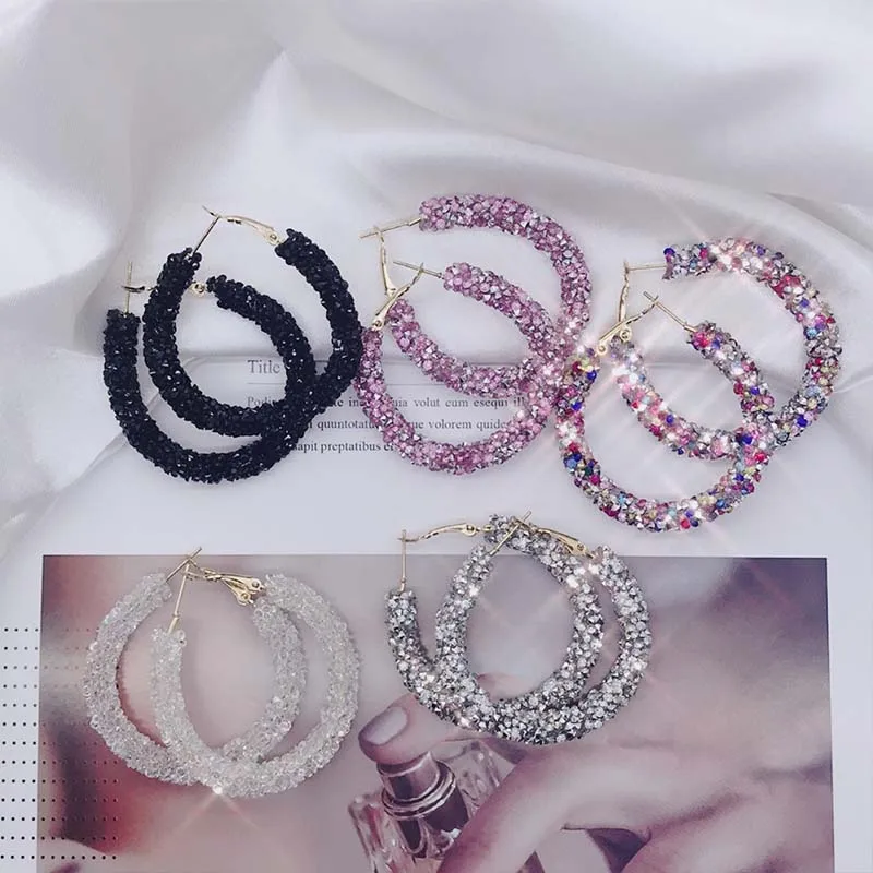 Женский простой дизайн, модные очаровательные серьги-кольца с кристаллами, геометрические круглые блестящие стразы, большие ювелирные изделия