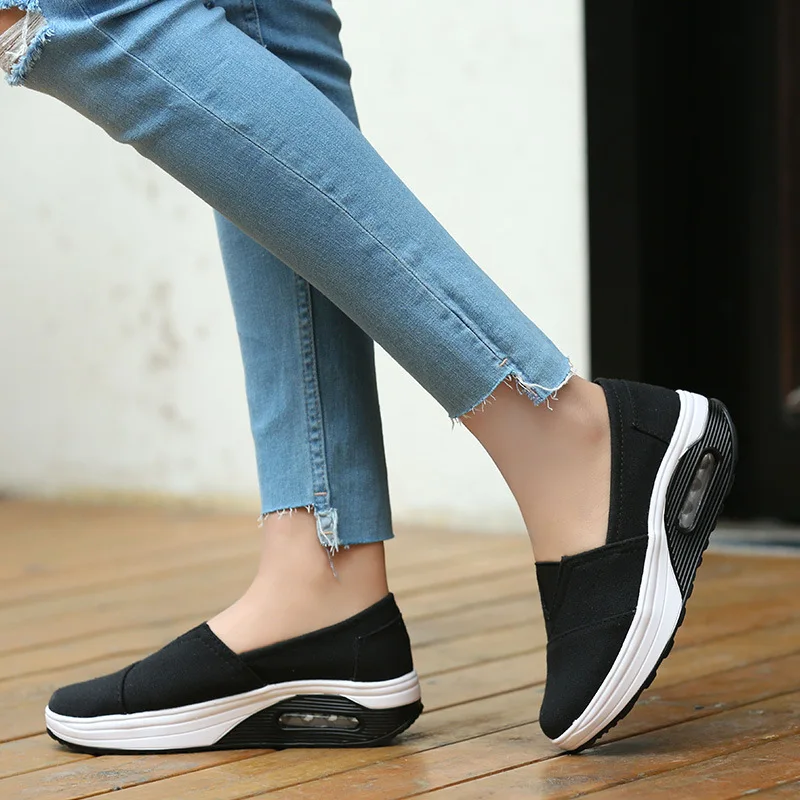SWYIVY Women Wedge Shoes Swing Lose Weight Sport Sneakers White Autumn Female Sport Shoes Chunky Sneakers Toning Shoe Black