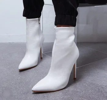 

Hot Selling White Booties Pointed Toe Thin Heels Socks Ankle Boot Side Zipper High Quality Black White Pink Leather Ridding Boot