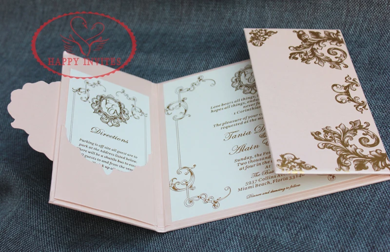 HI1142 - 09 Customized Pink Hard Cover Wedding Invitation Card with Gold Foil Made in China