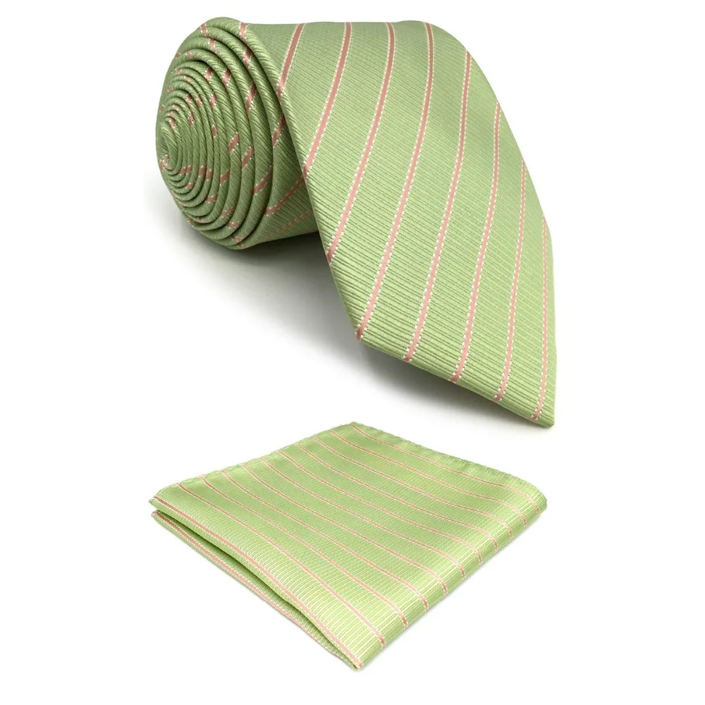 D19 Light Green Striped Mens Neck Tie Silk Ties for Men Pocket Square