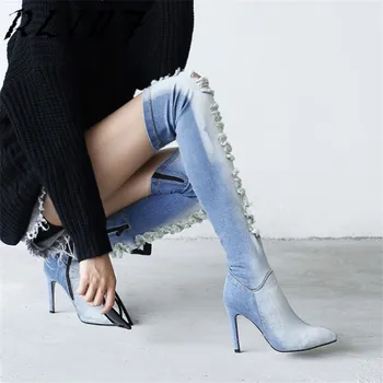 

RLINF Over The Knee Thigh High Boots Denim Stretch Boots