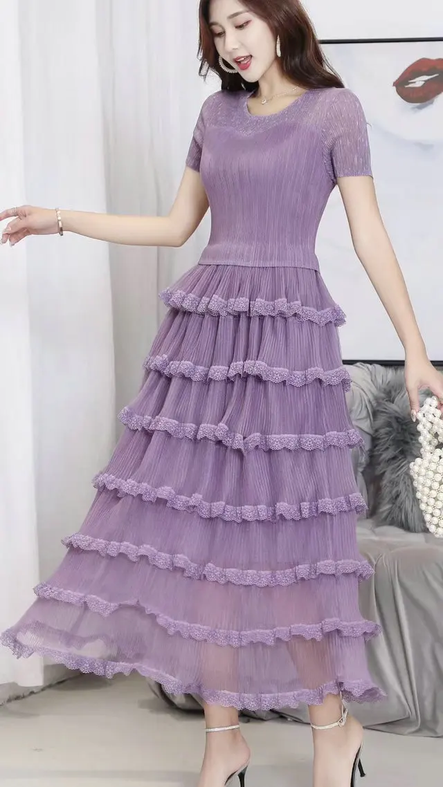 

Summer Dress Original Pleated Dress Draped Stitching Cake Design Fairy beauty Four Colors Super Elastic Women's Slim Dress