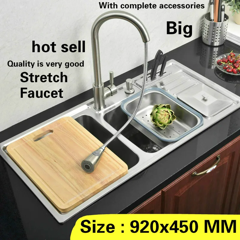 

Free shipping Standard luxury kitchen double groove sink durable food fashion grade 304 stainless steel big hot sell 920x450 MM