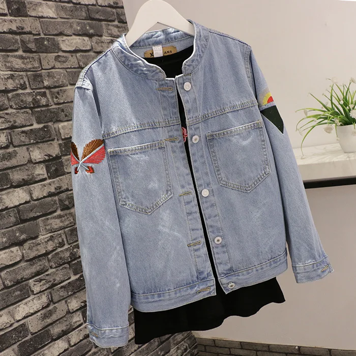 

Causal new autumn women short Loose coat stand collar jacket denim Vintage Big pocket Street wear Long sleeve femme Jeans tops