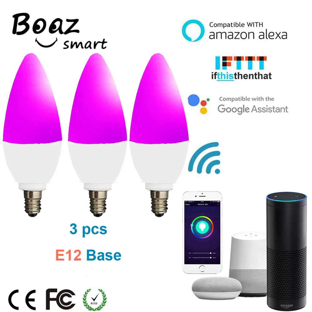 

Boaz-EC 3pcs Smart Wifi E12 Bulb Led Candle Light RGBCW Tuya Smartlife Lamp APP Voice Control Lamp Alexa Echo Google Home IFTTT