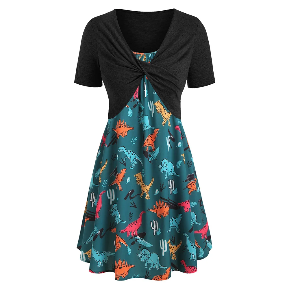 

Plus Size Dinosaur Animal Print Ruffle Mini Dress With Twist Crop Top A Line Women High Waist Robe Spaghetti Strap Summer Dress
