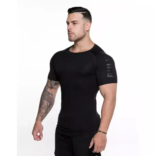 Мужская летняя футболка с коротким рукавом для занятий фитнесом и бодибилдингом, спортивные брендовые футболки, модная повседневная одежда - Цвет: black 2