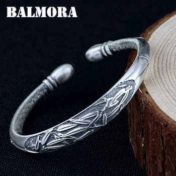 

BALMORA 999 Pure Silver Bamboo Leaves Six Word's Sutra Bangles for Women About 16 cm Retro Jewelry Accessories Esposas SZ0373