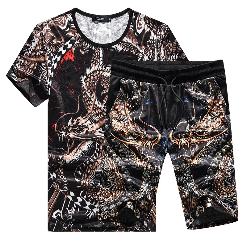 

Summer Mens Suit Shorts 2 Piece Set Cotton T Shirt Mens Tracksuit Set Chinese Style Dragon Pattern Print Short set Plus size 7xl