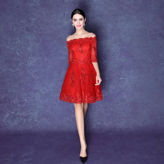 Red Bridesmaid Dresses 2017 Boat Neck Half Sleeves Lace Lique Red Bridesmaid Dresses 2017 Boat Neck Half Sleeves Lace Lique Knee Length Maid Of Honor Dress