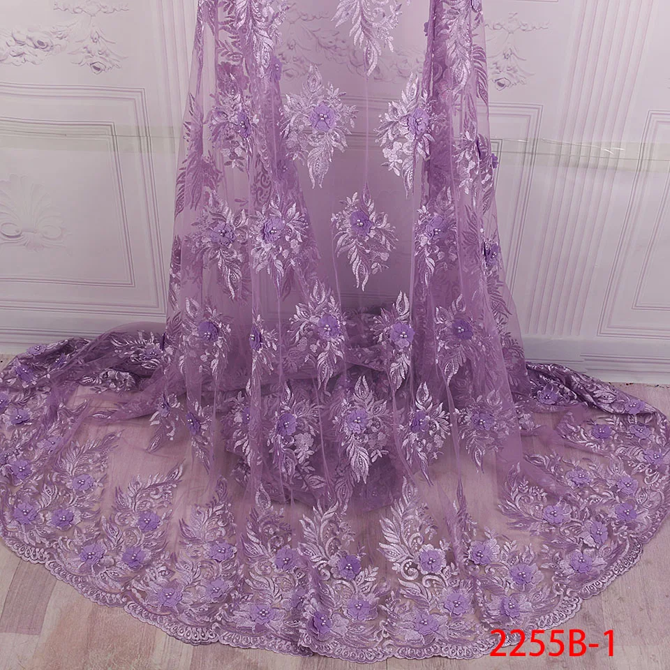 

New Arrive Pretty African Lace Fabric 3D Flowers With Beaded Embroidered French Tulle Lace Fabric High Quality Fabric XZ2255B-1