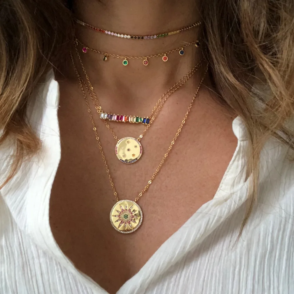 

2019 gold filled Rainbow Bar Necklace Multi Color Baguette Cut Zirconia Stone rainbow choker for women gorgeous classic jewlery