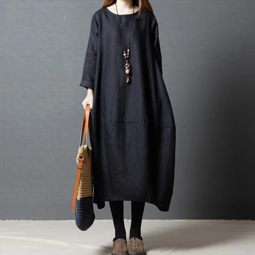 

Fashion Dresses Women's Linen Solid National Style Loose Plus Size Long Sleeve Round Neck Dress Vestido Invierno Mujer Dresses