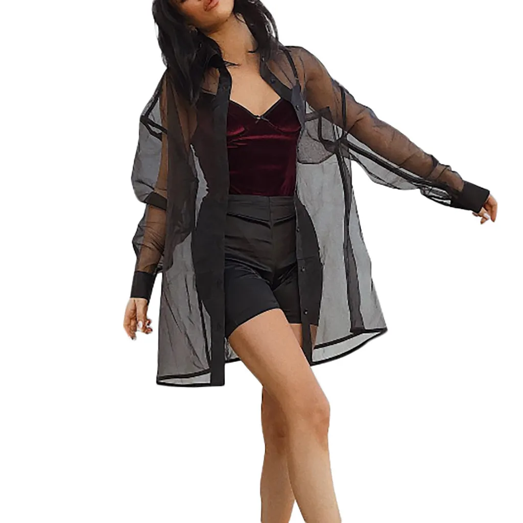 

blouse women Mesh Transparent kimono Black Sheer womens tops and blouses Casual Perspective Long Sleeve top Shawl Outwear 7.8L3