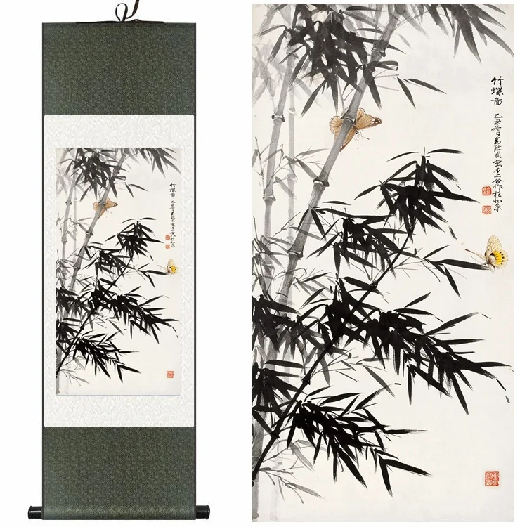 

Chinese Silk traditional watercolor Ink bamboo two butterflies art canvas wall picture feng shui damask framed scroll painting