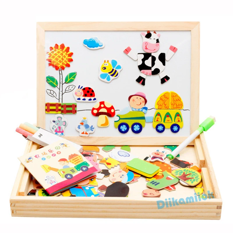 

New Kids Educational Learning Toy Wooden Magnetic Puzzle Toys for Children Jigsaw Animals/Circus Drawing Board with Gift Box