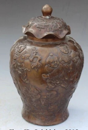 

JP S0176 Marked Chinese Copper Bronze 8 Auspicious Symbol TongZi Kid Vase Bottle Statue (B0413)