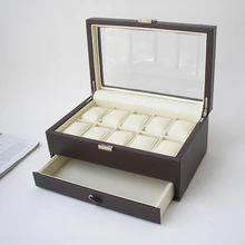 10-слот двойной слой Структура дерева дисплей для часов кожаный коробка для ювелирных украшений со стеклянной крышкой коричневого 2136A