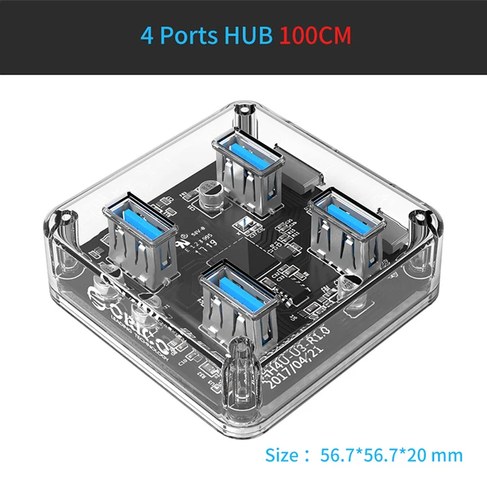 ORICO хаб USB 4/7 Порты USB3.0 прозрачный концентратор Mini с резиновой противоскользящей Pad зарезервированный внешний Питание - Цвет: MH4U-100CM