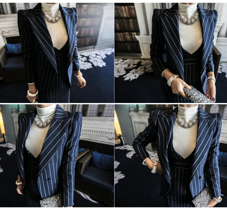 Полосатый офисный женский костюм, женские тонкие сексуальные рабочие костюмы, платье с v-образным вырезом, элегантная винтажная офисная одежда для женщин, верхняя одежда на одной пуговице