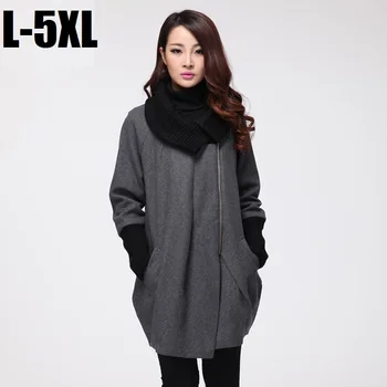 

2015Fashion women woolen coat winter knitted collar ladies pea coat asymmetrical cocoon wool trench coat outwear overcoat XXXXXL