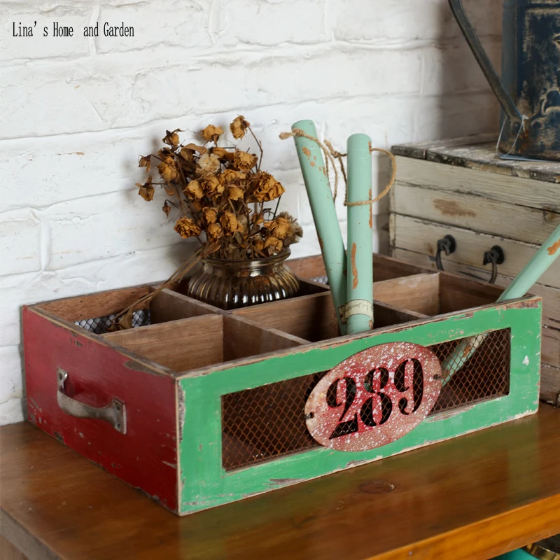 6 equal space hand painted rustic vintage look storage box crate