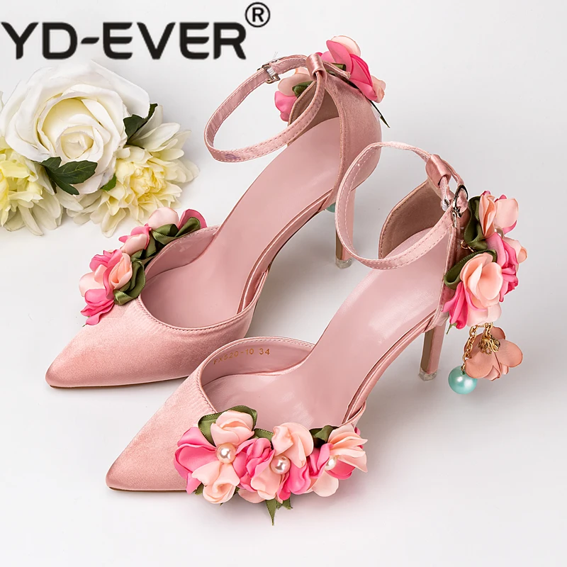 

Shoes Adults Sandals Wedding Pink Silks Satins Bridal Shoes Pointed Toe Ultra High Heels Lace Flower Pearl Formal Dress Shoes
