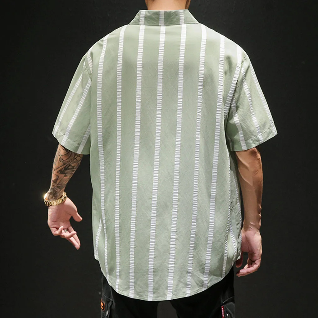 Летняя мужская рубашка Camisa Повседневная рубашка с коротким рукавом модная свободная полосатая блузка с принтом топы уличная Camisa masculina