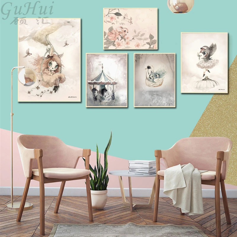 

Nordic Watercolor Cartoon Flower Deer Swing Rabbit Girl Boy Wing Bird Animal Poster Canvas Painting Wall Picture Kids Room Decor