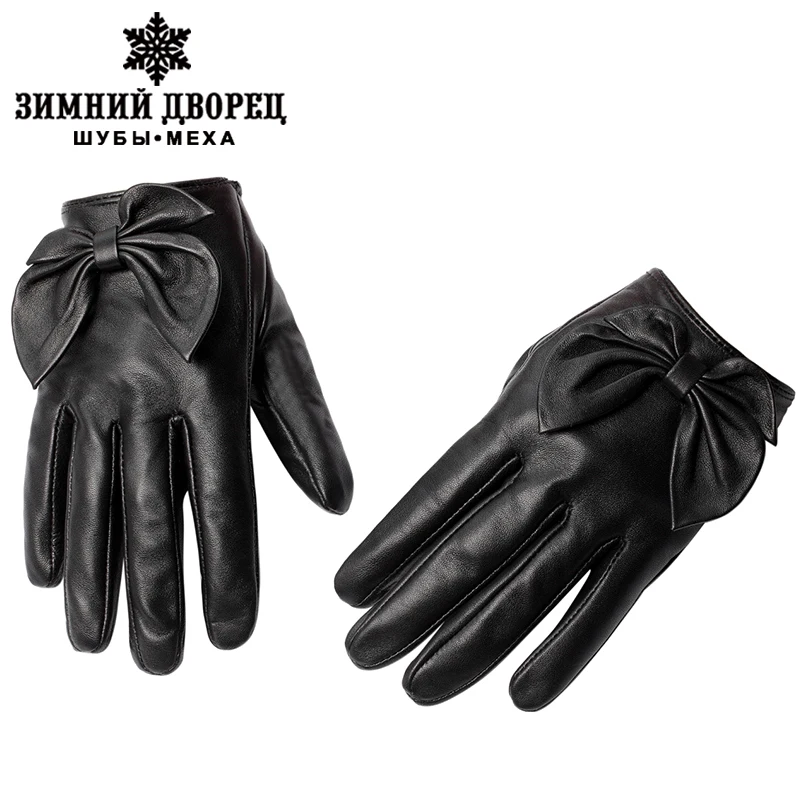 Najtaniej Nowe modne skórzane rękawiczki, skóra naturalna, bawełna, dla dorosłych, jesień krótkie rękawiczki, czarna kokarda modne damskie rękawiczki