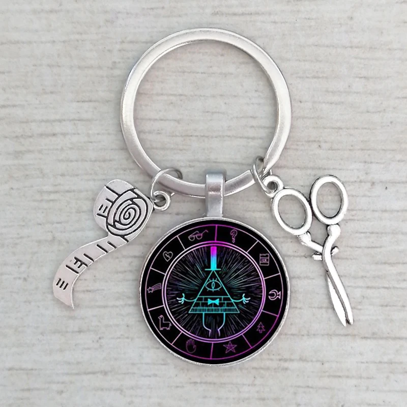 

Anime Gravity Falls Keychain Bill Cipher Wheel Mysteries Pattern Exquisite fashion bag car key chain convex round glass keychain