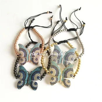 

10pcs/lot Micro Pave Cubic Zirconia Nano Turquoesa Big Butterfly Insect Braiding Macrame Bracelet Rope Pulsera for Gift