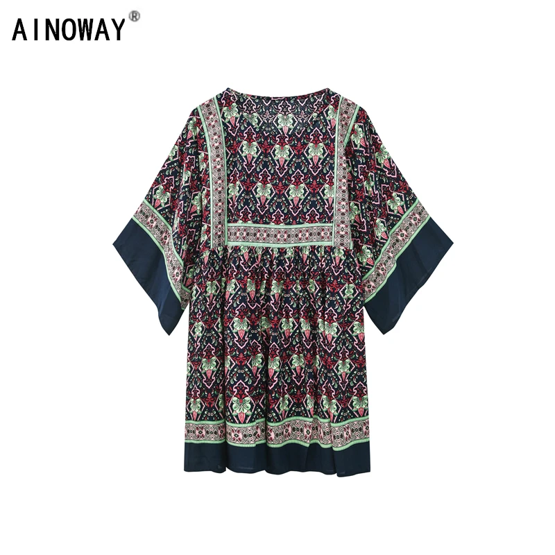 

Bohemian chic vintage women floral print o-neck sexy mini dress Summer short sleeve loose Boho dresses vestidos