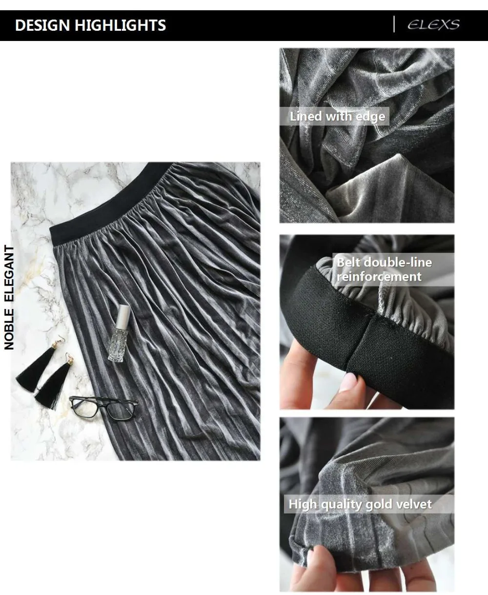 ELEXS осенне-зимняя модная юбка, бархатная плиссированная юбка с высокой талией, Женская однотонная эластичная Весенняя длинная юбка, Женская E7953