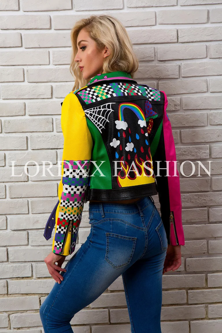 Großhandel LORDXX Bunte Regenbogen Jacke Frauen 2018 New Fashion Print Gelb Sleeve Straße Kurze Lederjacke Reißverschluss Motorrad Mantel Von Vikey10, Großhandel LORDXX Bunte Regenbogen Jacke Frauen 2018 New Fashion Print Gelb Sleeve Straße Kurze Lederjacke Reißverschluss Motorrad Mantel Von Vikey10,
