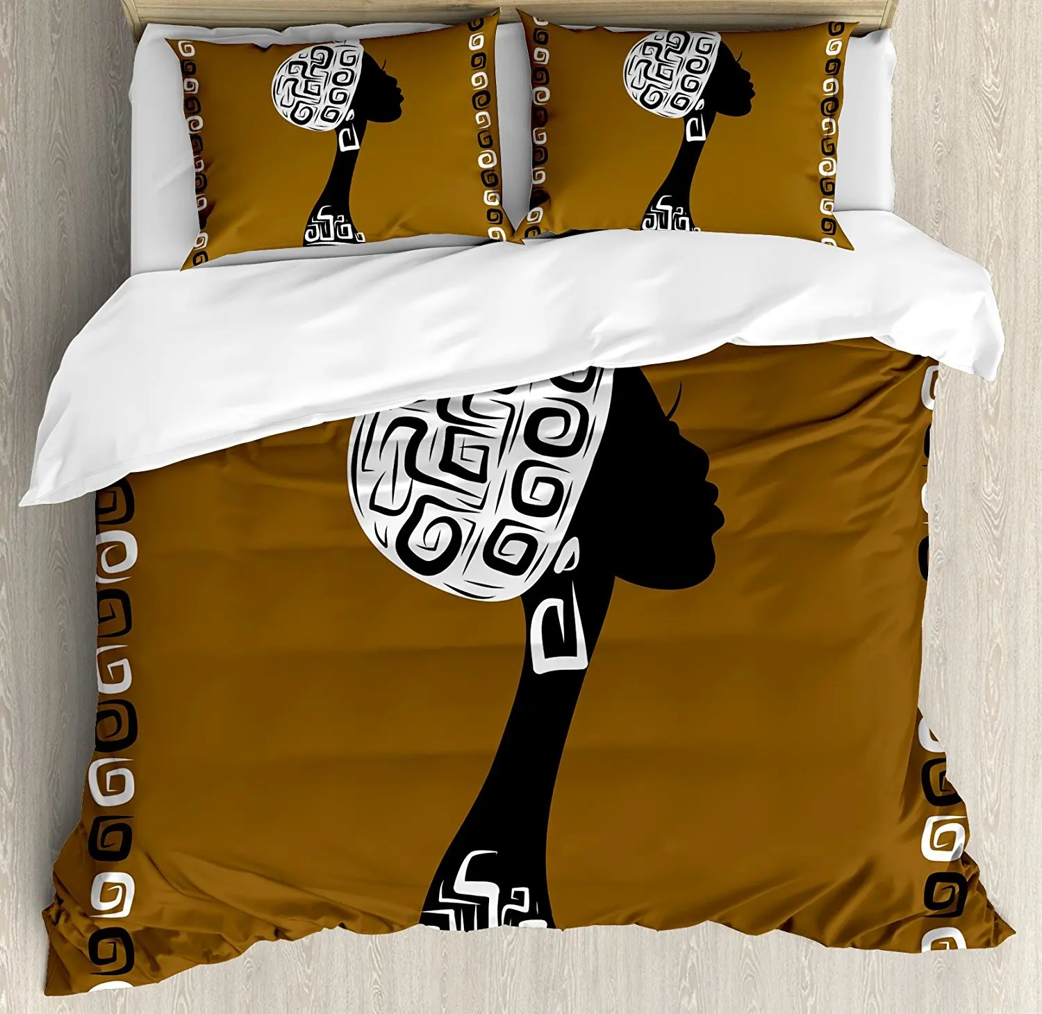 

African Woman Duvet Cover Set Female Head Silhouette Stylish Headscarf Geometric Artistic Framework 4 Piece Bedding Set